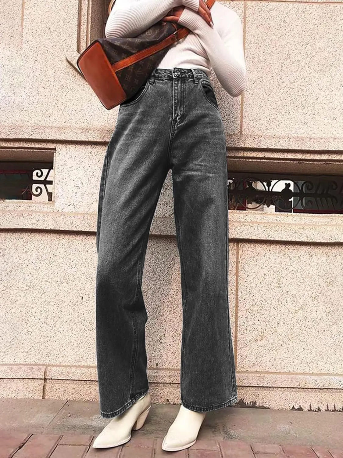 HDLTE Women Ripped Boyfriends Jeans Distressed High Waist Baggy Denim Pants Wide Leg Straight Trousers Y2k Streetwear Pants