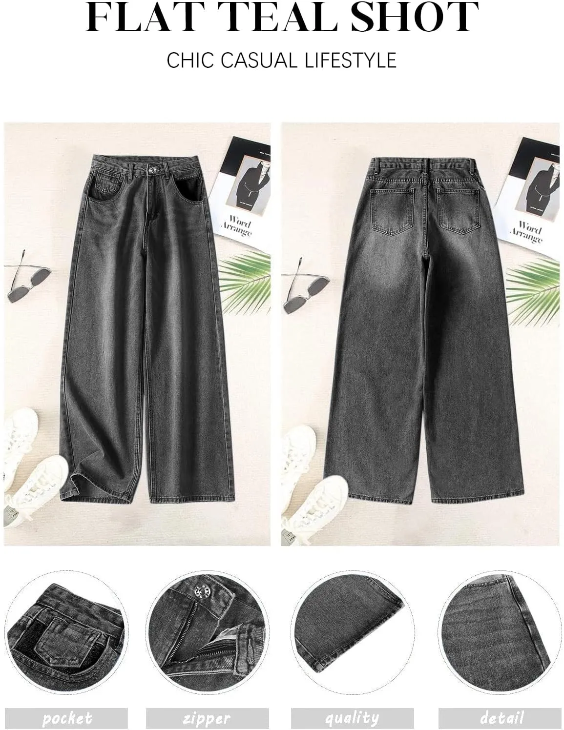 HDLTE Women Ripped Boyfriends Jeans Distressed High Waist Baggy Denim Pants Wide Leg Straight Trousers Y2k Streetwear Pants