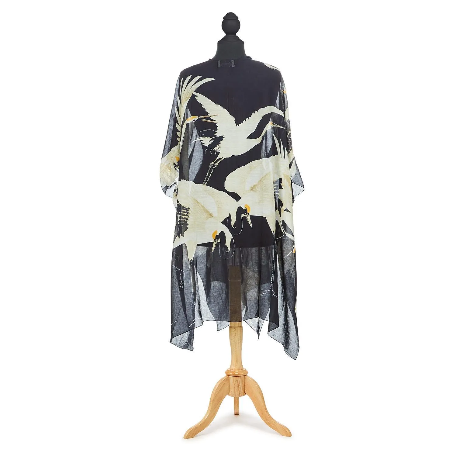 HERON PRINT LONG KIMONO - BLACK