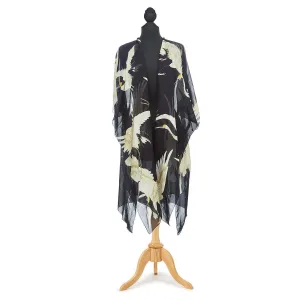 HERON PRINT LONG KIMONO - BLACK