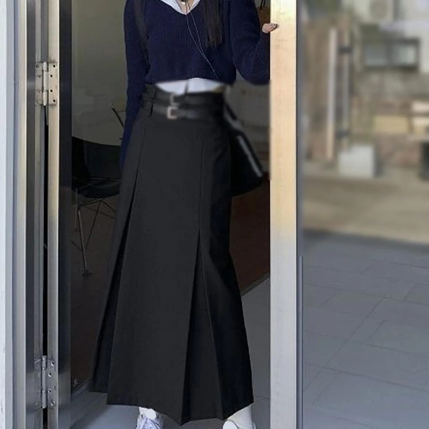High Waist Long Skirt Women's Double Belt Midi Skirt Pleated A-Line Skirt