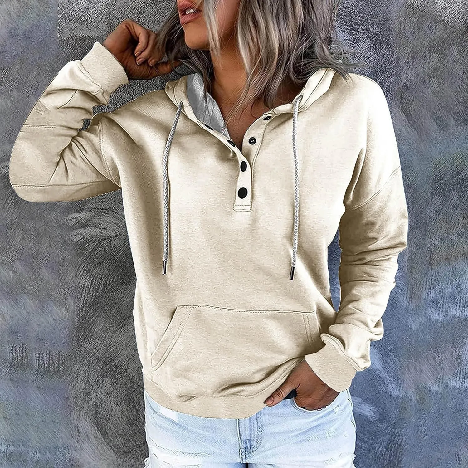 Hoodies for Women Button Down Black Hoodie Plain Loose Fit Sweatshirt Casual Fashion Holiday Pullover Top with Pockets