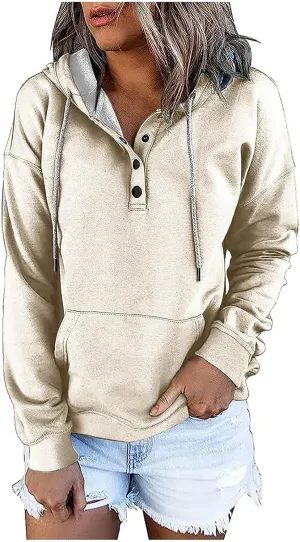 Hoodies for Women Button Down Black Hoodie Plain Loose Fit Sweatshirt Casual Fashion Holiday Pullover Top with Pockets