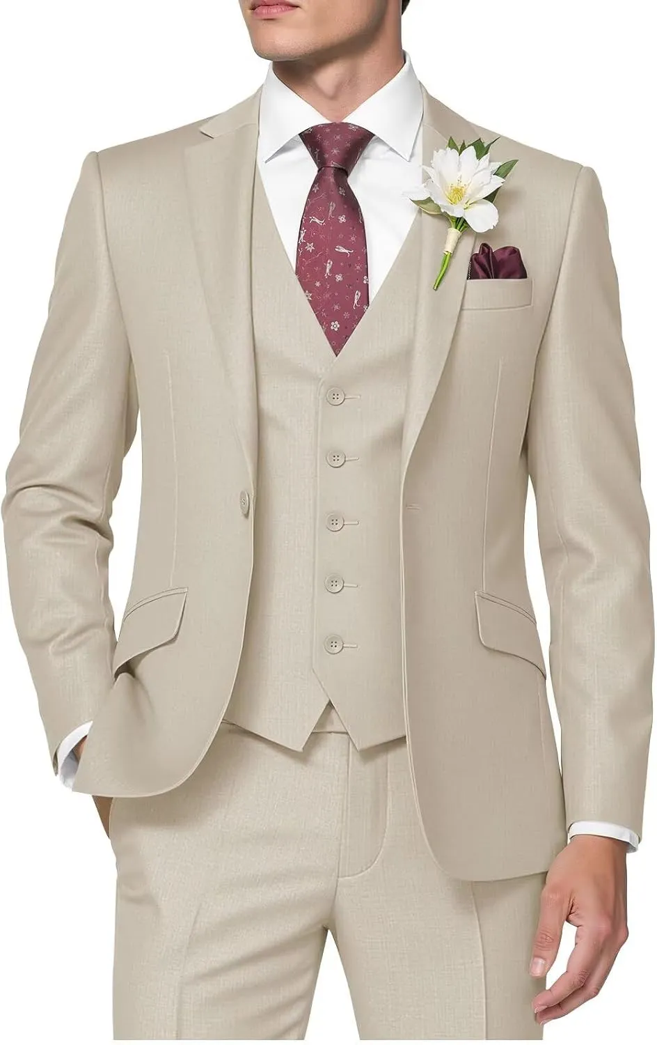 HUUTOE Men's 3 Piece Suits Slim Fit Prom Suits for Men Wedding Dress Suit Summer Blazer Jacket Vest Pants Tuxedo Set