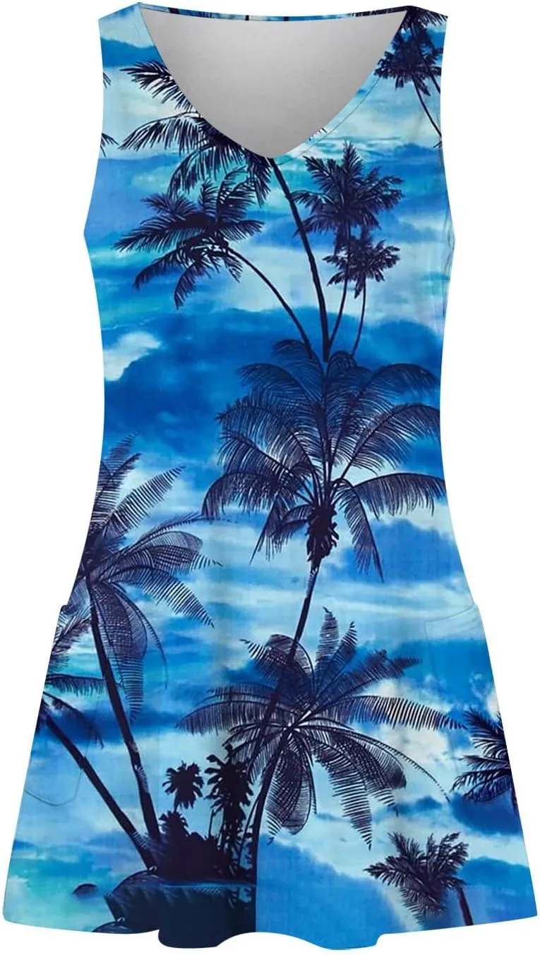 HXHYQKP Boho Mini Dress for Women 2025 Hawaiian Dresses Night Out Dress Sleeveless Tank Dress with Pockets