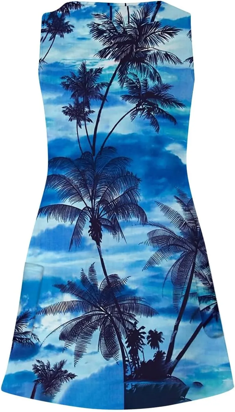 HXHYQKP Boho Mini Dress for Women 2025 Hawaiian Dresses Night Out Dress Sleeveless Tank Dress with Pockets