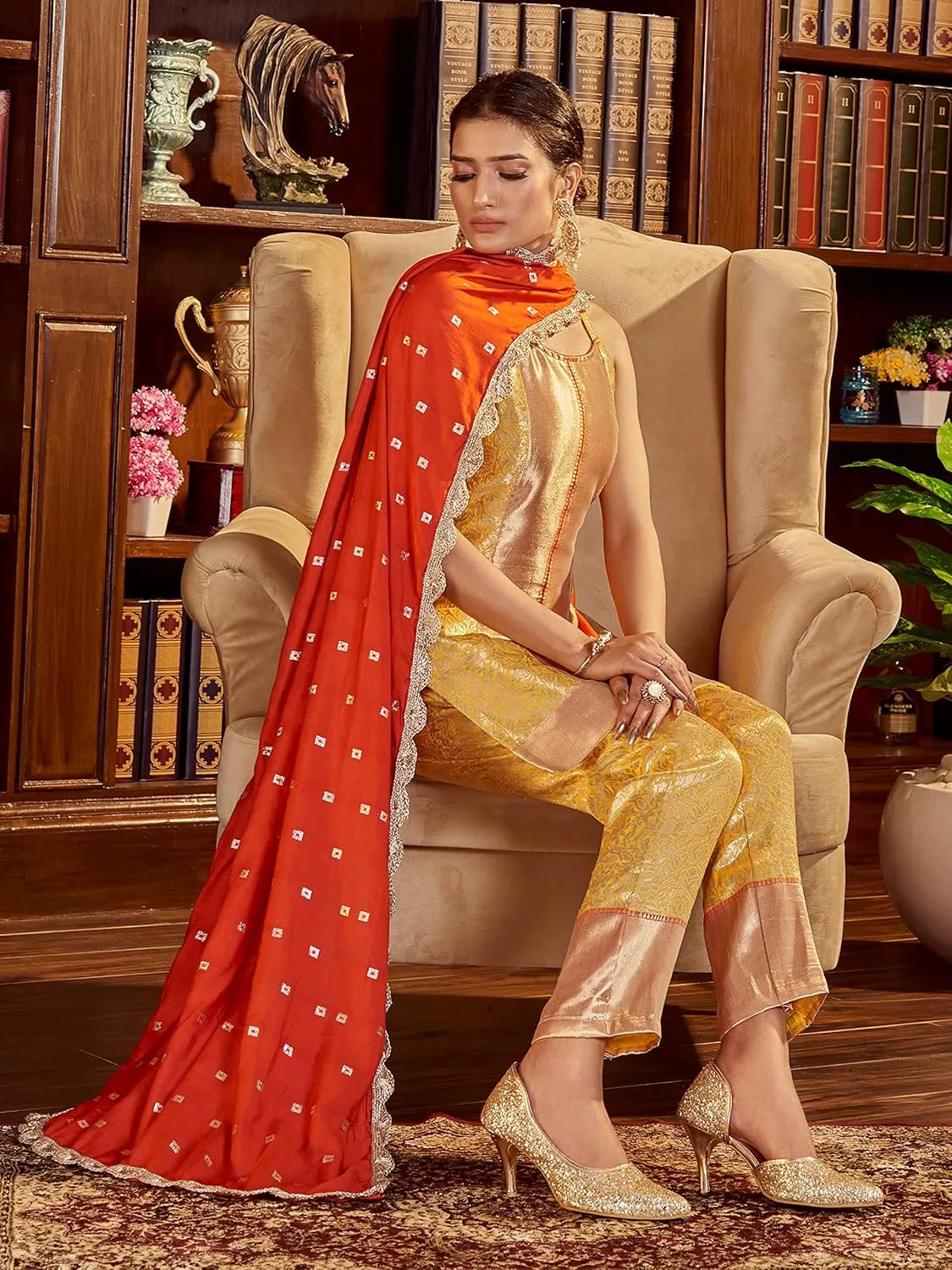 Indian Kurti Pant for Womens With Silk Dupatta | Art Silk Woven Readymade Kurtis Stitched Kurta For Pakistani Women