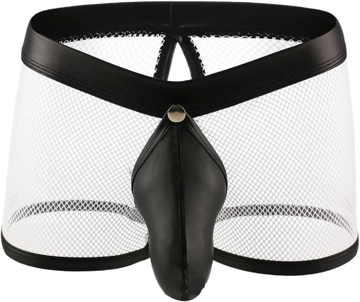 IPENNY Men's See Through Sexy Mesh With Faux Leather Loose Shorts Pants Erotic Clubwear Button Removable Pouch