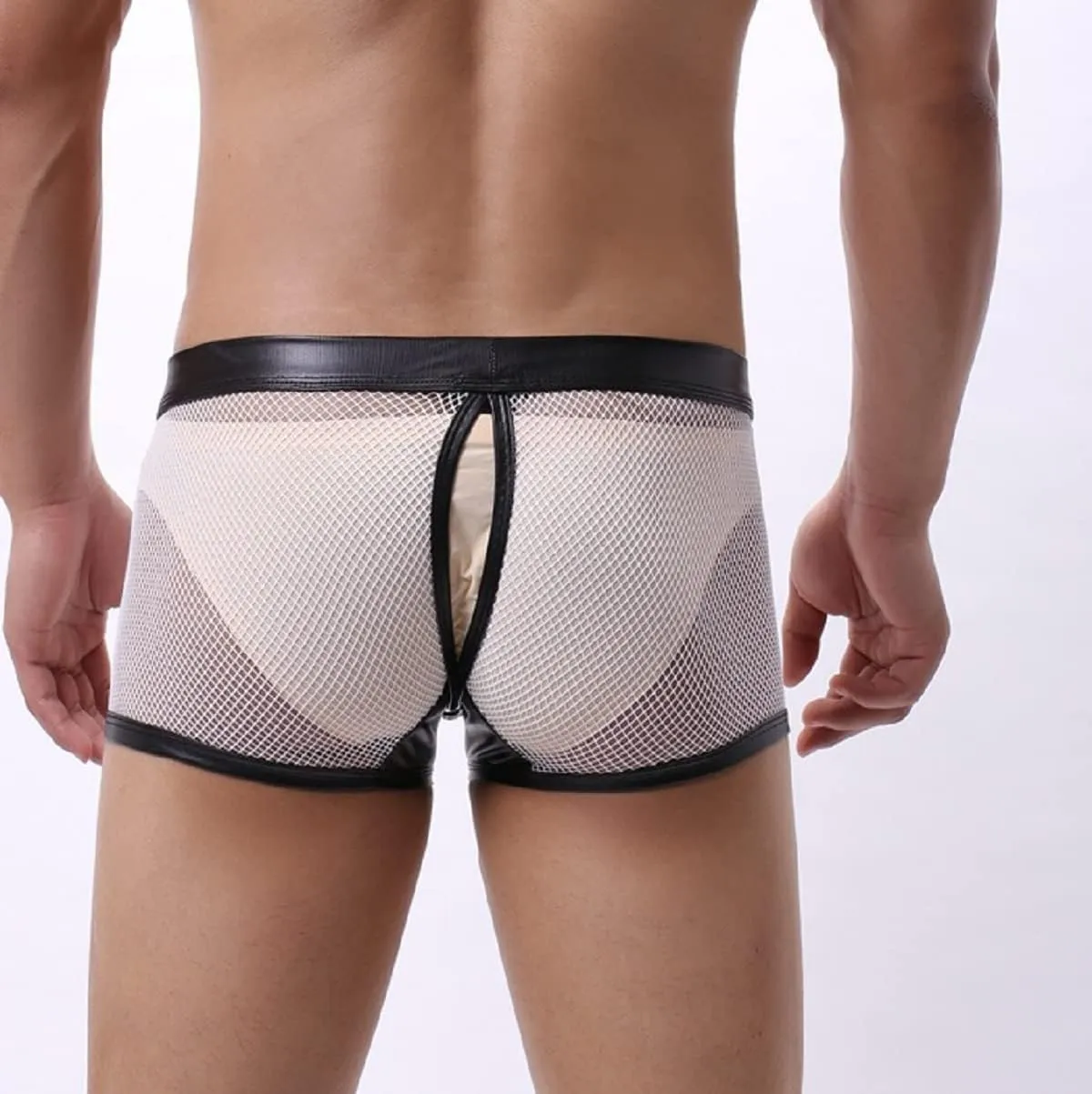 IPENNY Men's See Through Sexy Mesh With Faux Leather Loose Shorts Pants Erotic Clubwear Button Removable Pouch