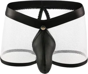IPENNY Men's See Through Sexy Mesh With Faux Leather Loose Shorts Pants Erotic Clubwear Button Removable Pouch