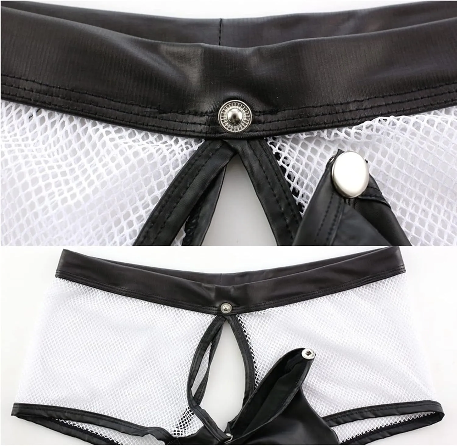 IPENNY Men's See Through Sexy Mesh With Faux Leather Loose Shorts Pants Erotic Clubwear Button Removable Pouch