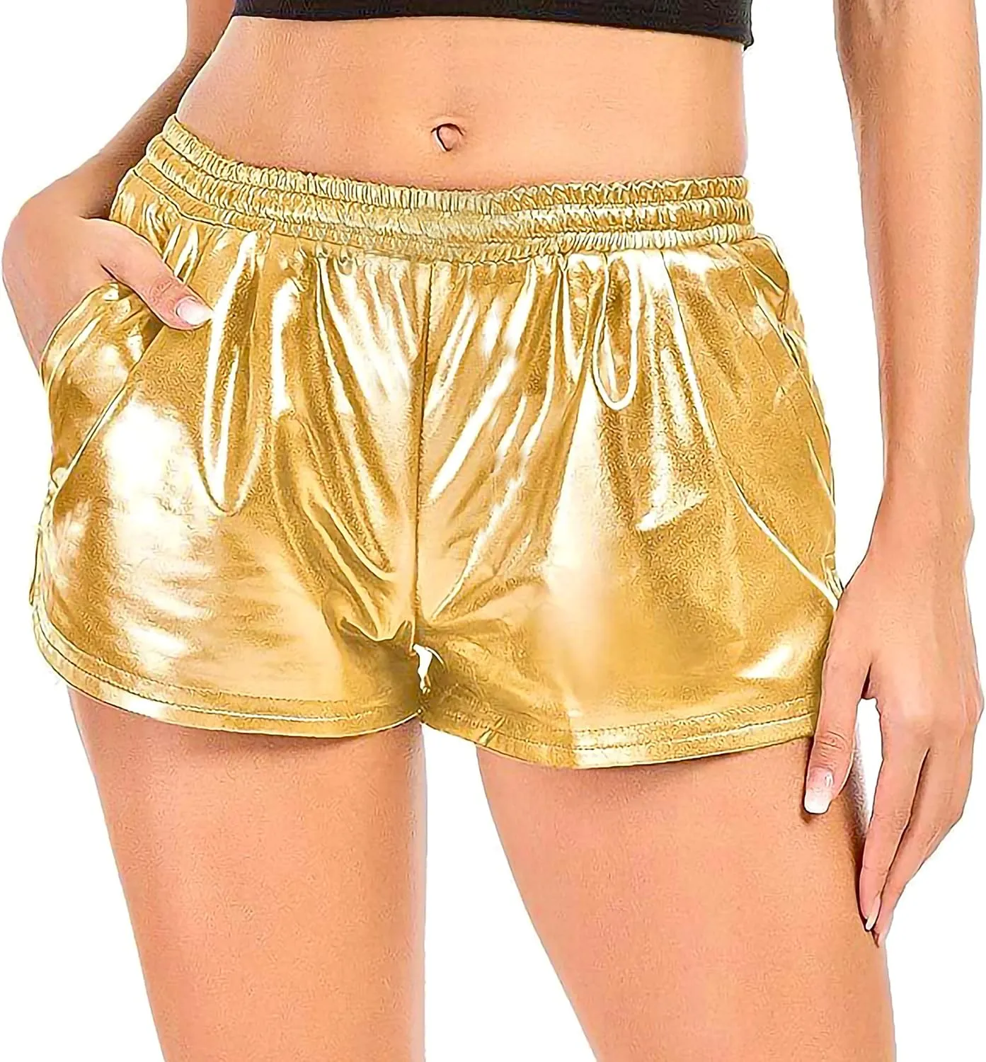JINKAIJIA Women's Metallic Shiny Shorts Sparkly Rave Hot Outfit Elastic Sport Short Pants Dance Attire Performance Clothing