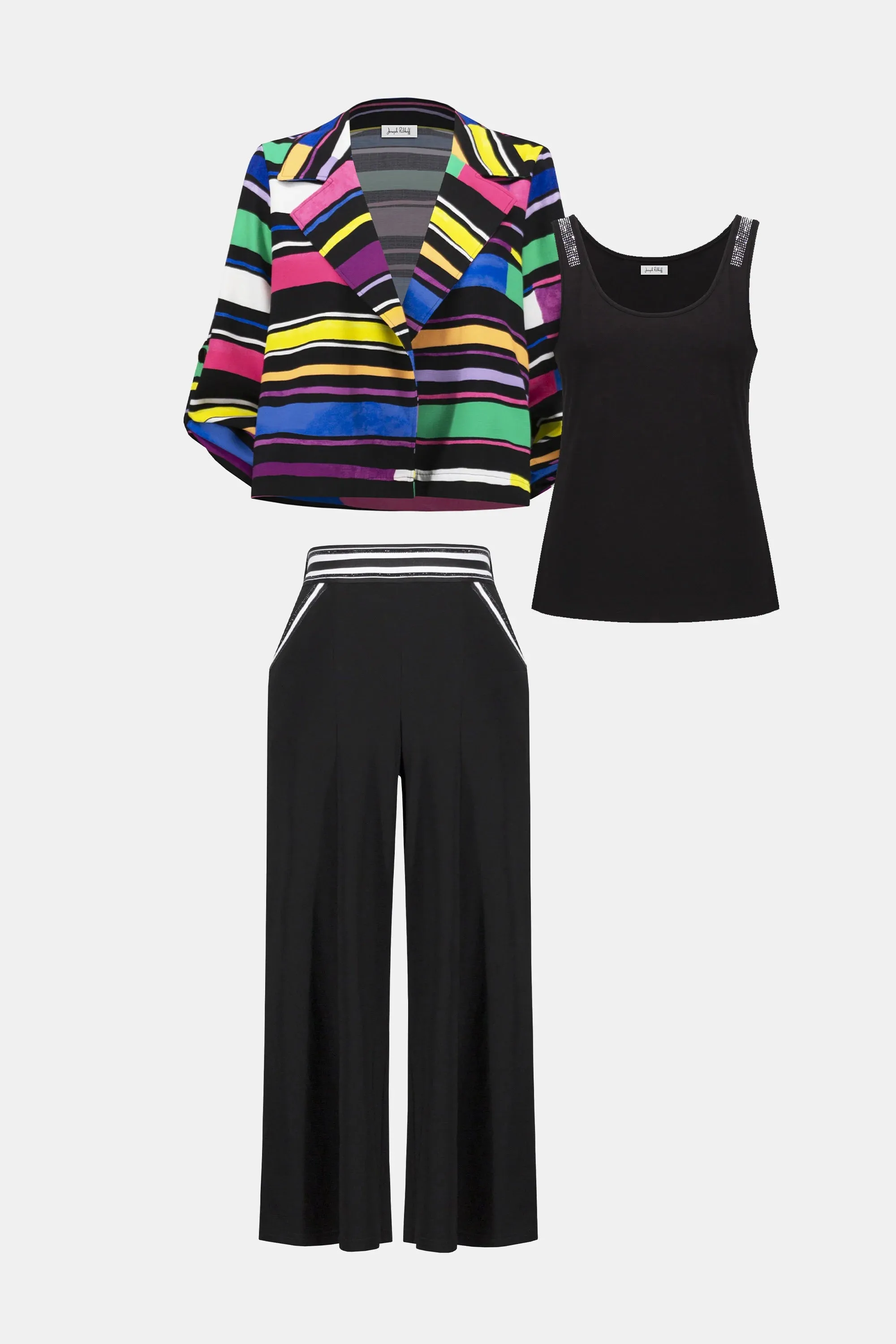 Joseph Ribkoff Black/Multi Gauze Stripe Print Short Boxy Blazer