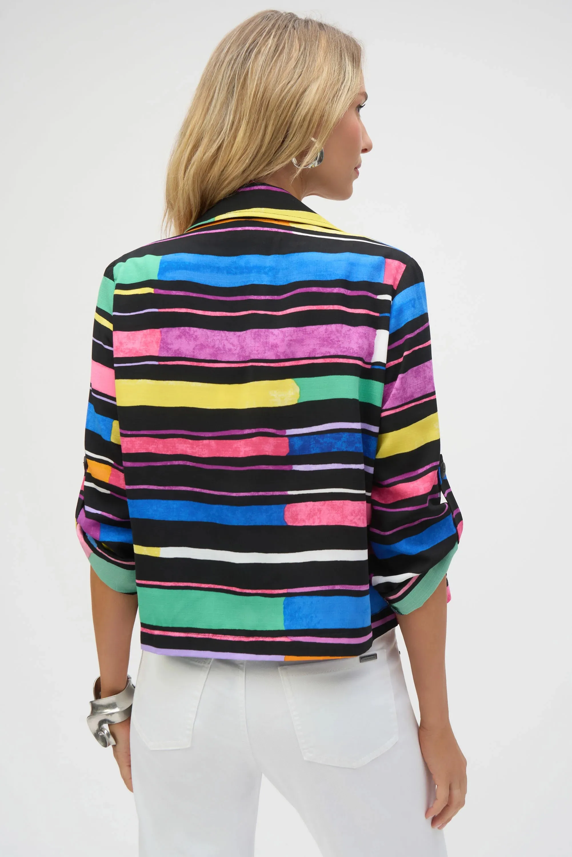 Joseph Ribkoff Black/Multi Gauze Stripe Print Short Boxy Blazer