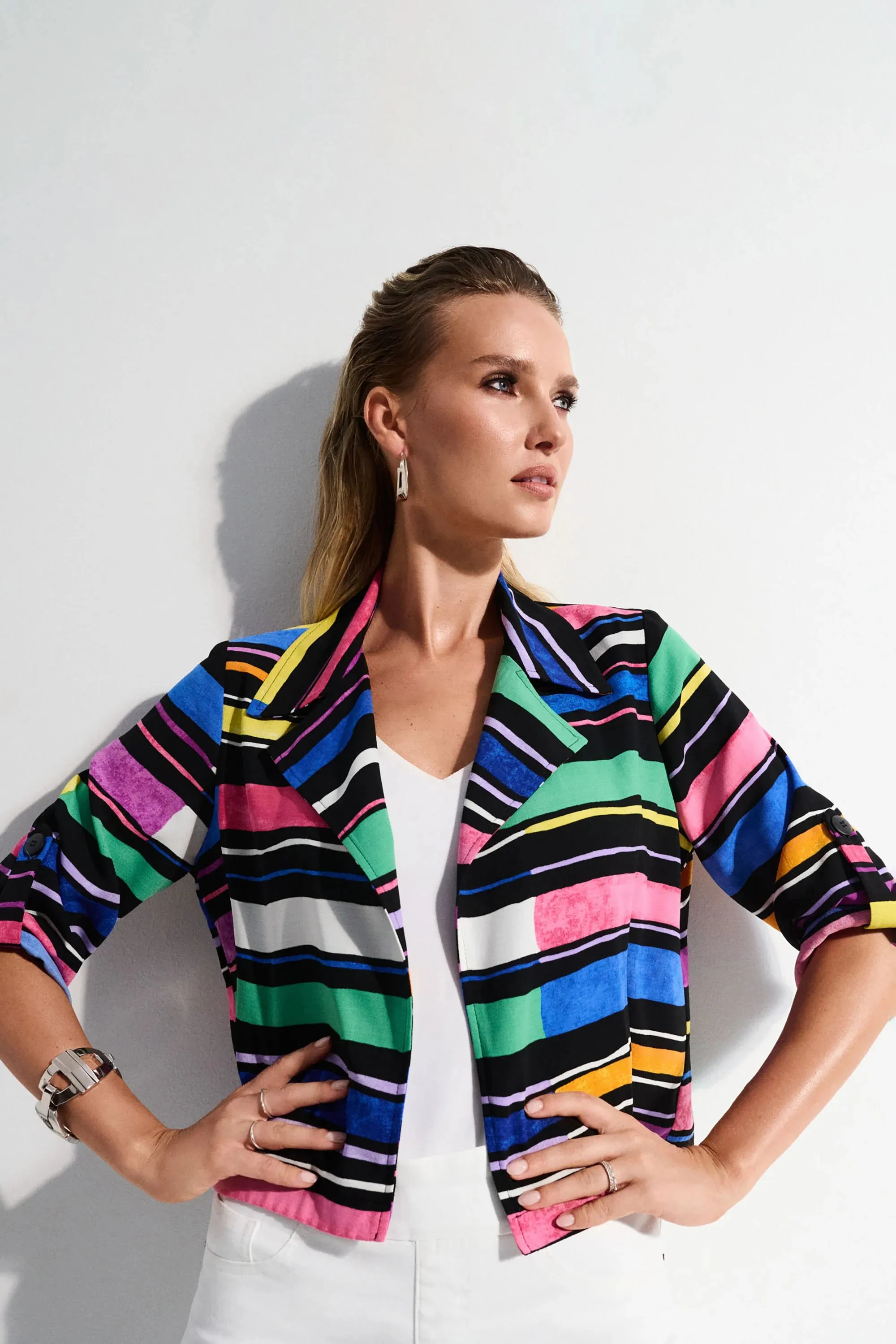 Joseph Ribkoff Black/Multi Gauze Stripe Print Short Boxy Blazer