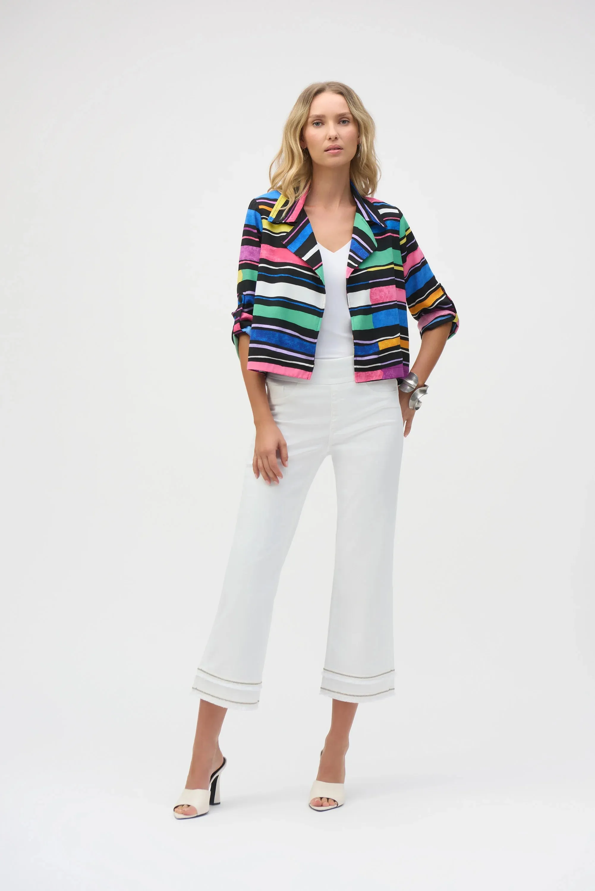 Joseph Ribkoff Black/Multi Gauze Stripe Print Short Boxy Blazer