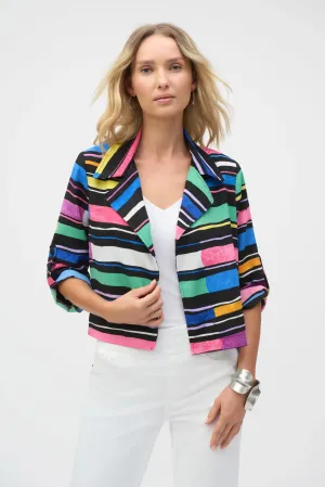 Joseph Ribkoff Black/Multi Gauze Stripe Print Short Boxy Blazer