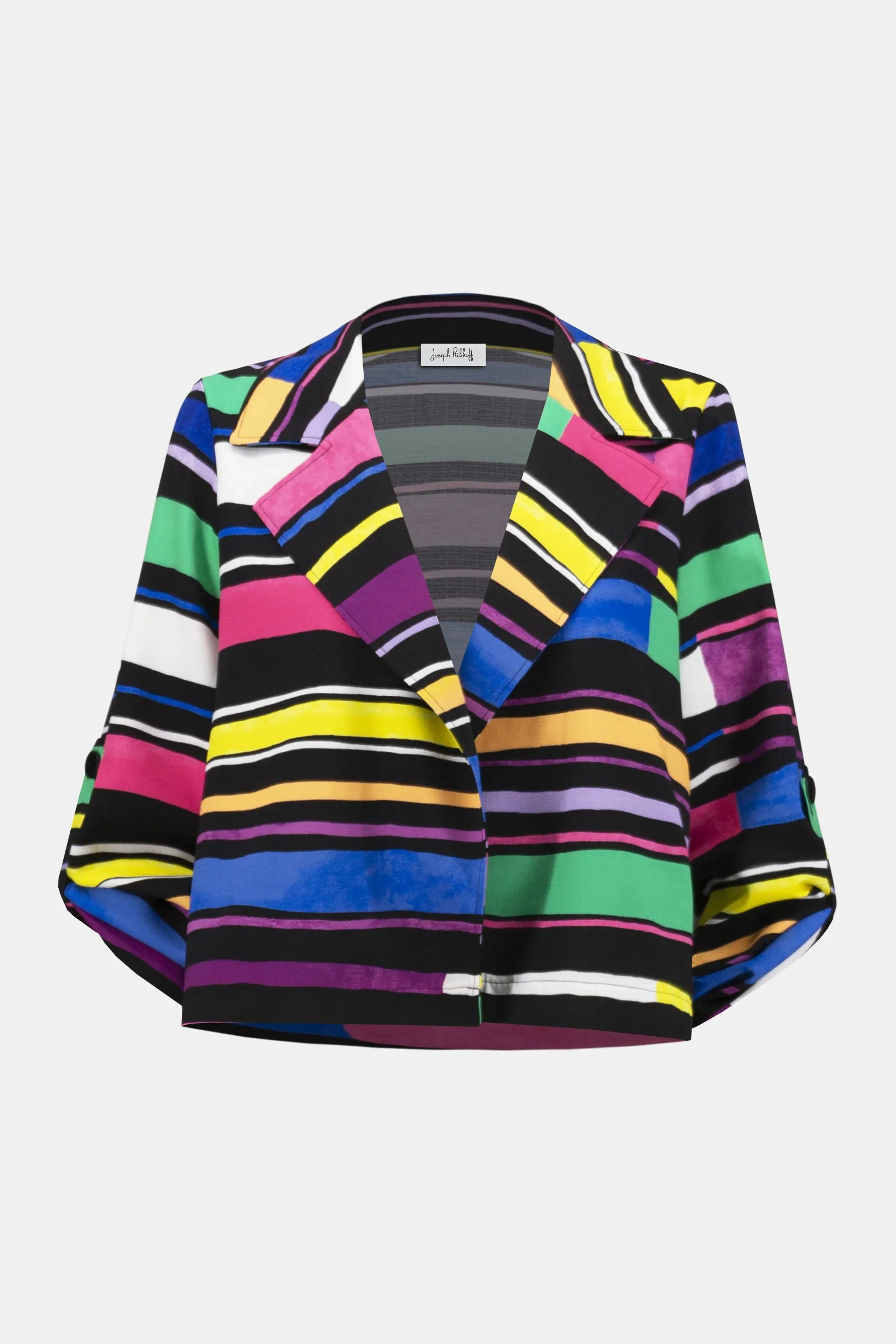 Joseph Ribkoff Black/Multi Gauze Stripe Print Short Boxy Blazer