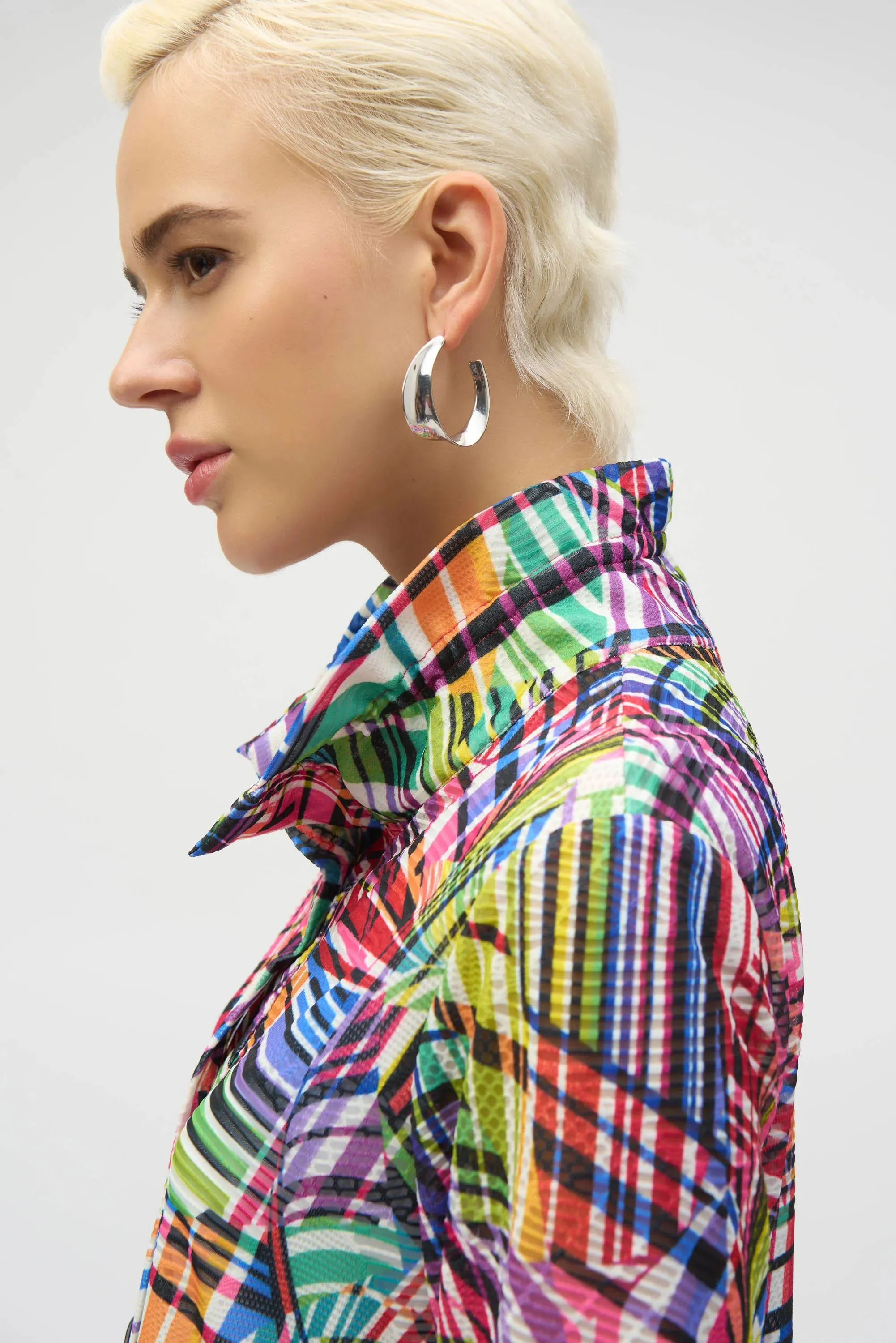 Joseph Ribkoff Black/Multi Jacquard Stripe Patchwork Print Trapeze Jacket