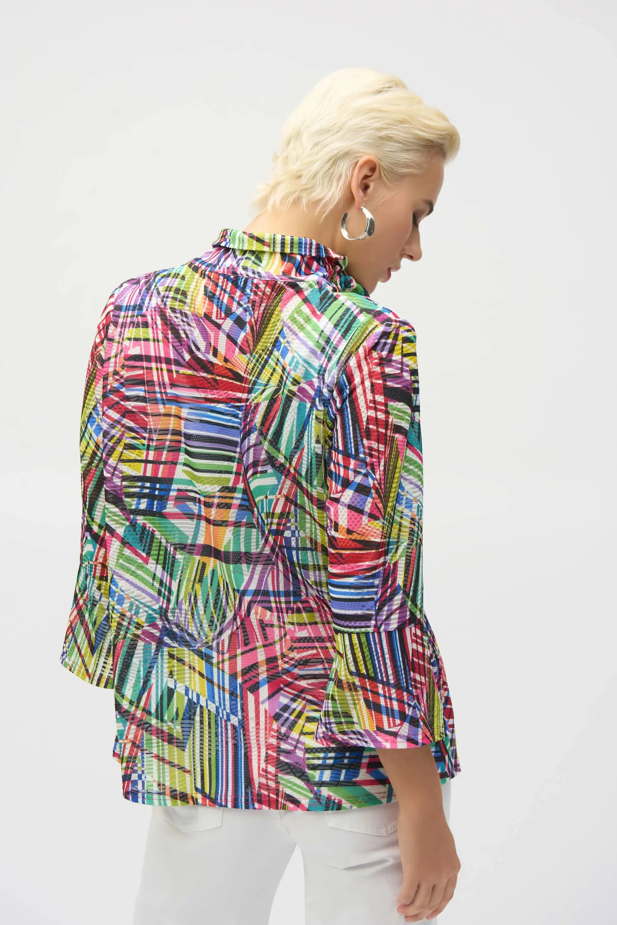 Joseph Ribkoff Black/Multi Jacquard Stripe Patchwork Print Trapeze Jacket