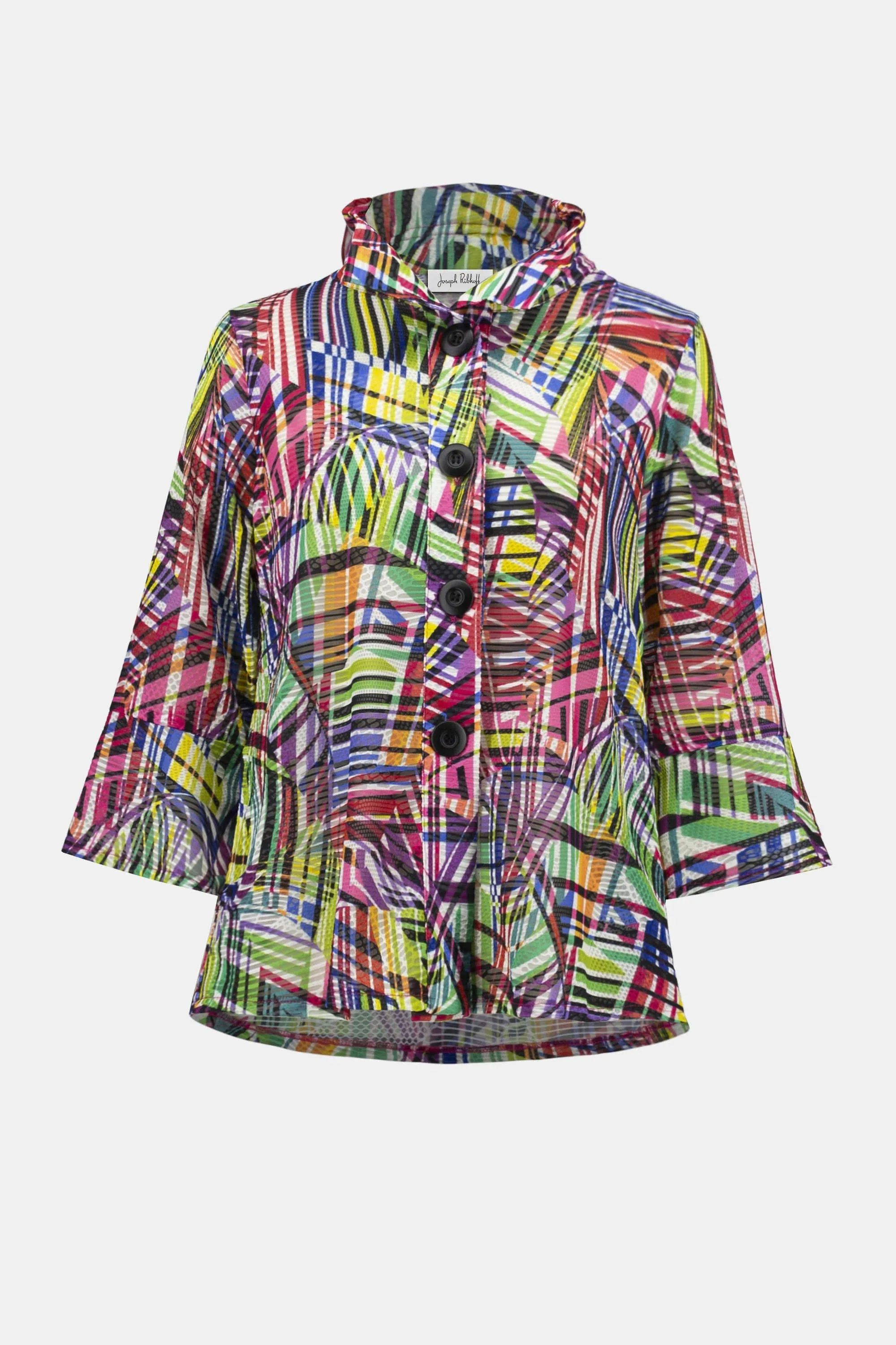 Joseph Ribkoff Black/Multi Jacquard Stripe Patchwork Print Trapeze Jacket