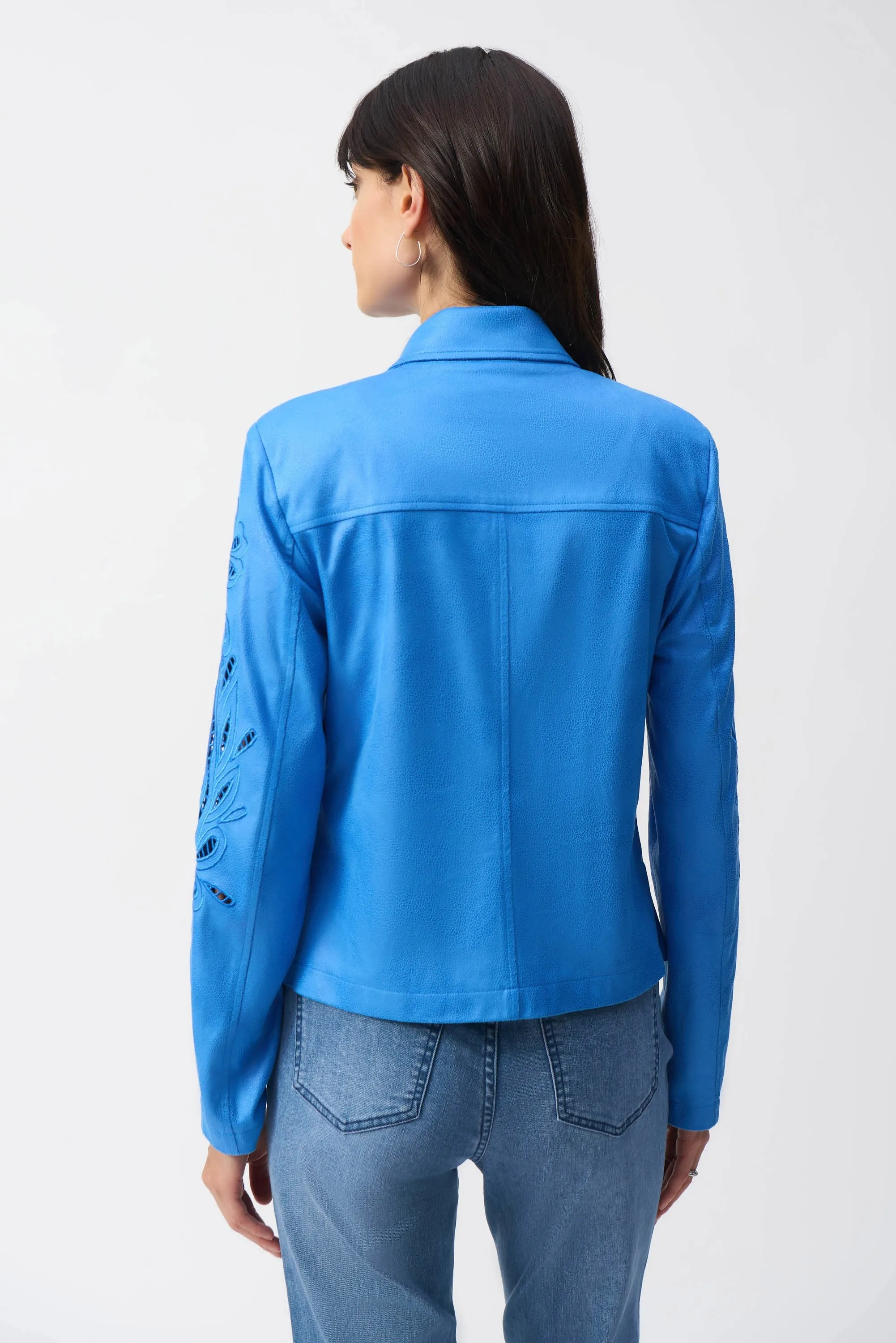 Joseph Ribkoff Coatsal Blue Foiled Faux-Suede Moto Jacket