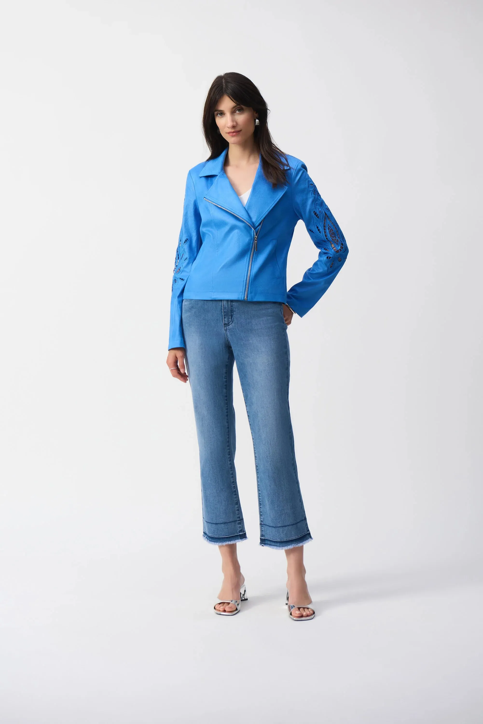Joseph Ribkoff Coatsal Blue Foiled Faux-Suede Moto Jacket
