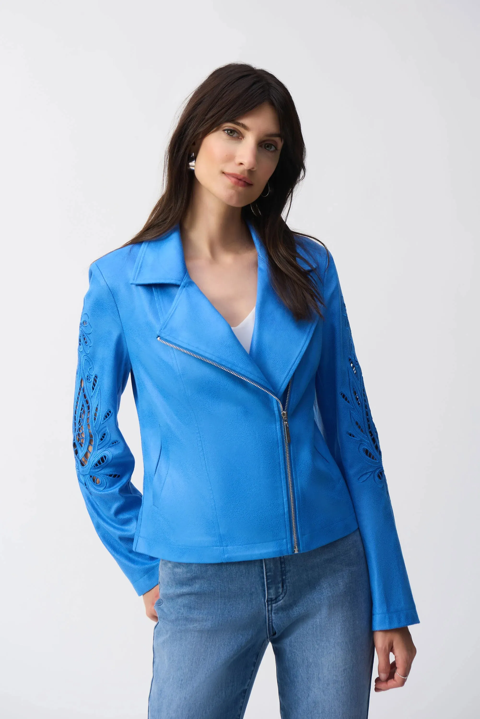 Joseph Ribkoff Coatsal Blue Foiled Faux-Suede Moto Jacket