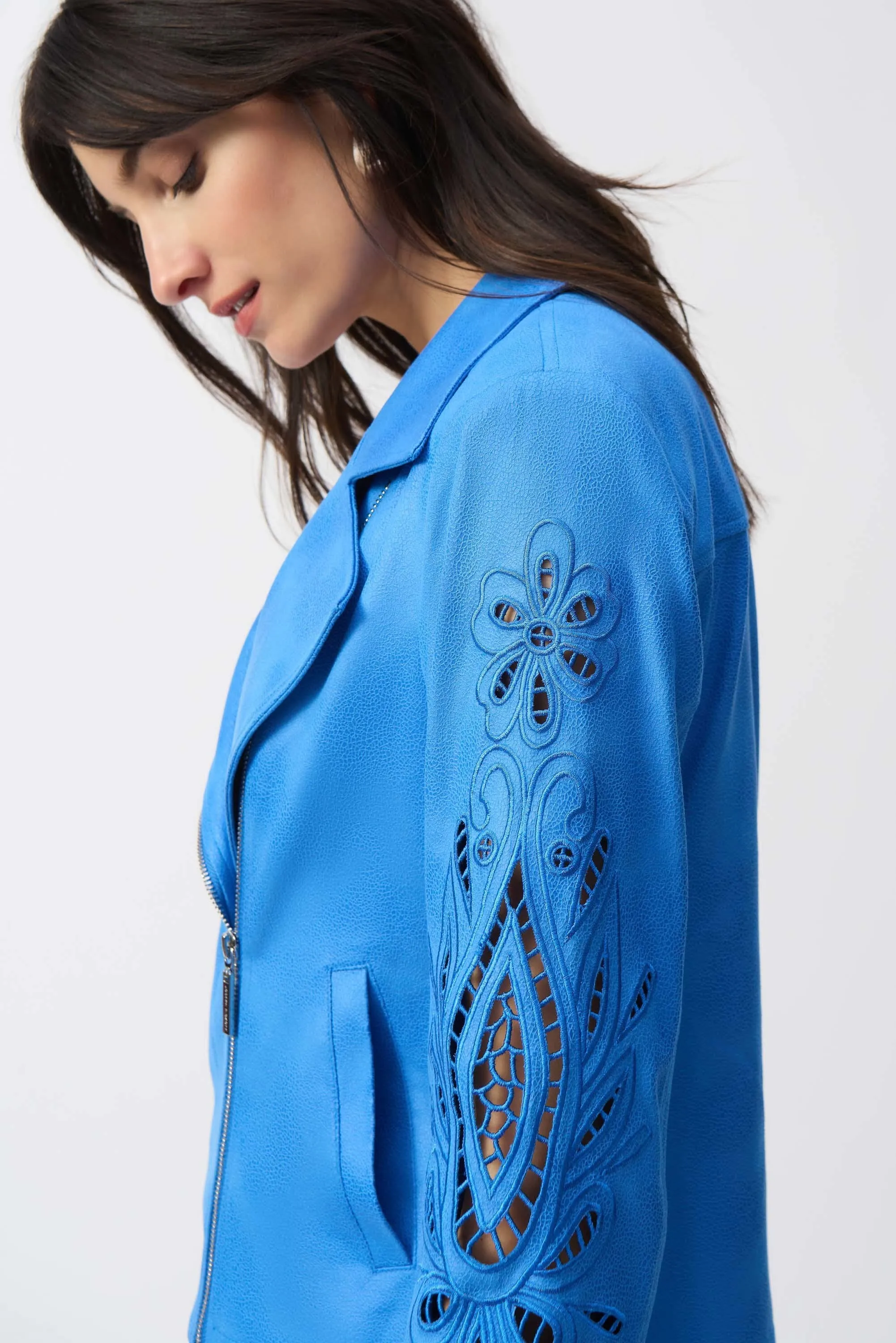 Joseph Ribkoff Coatsal Blue Foiled Faux-Suede Moto Jacket