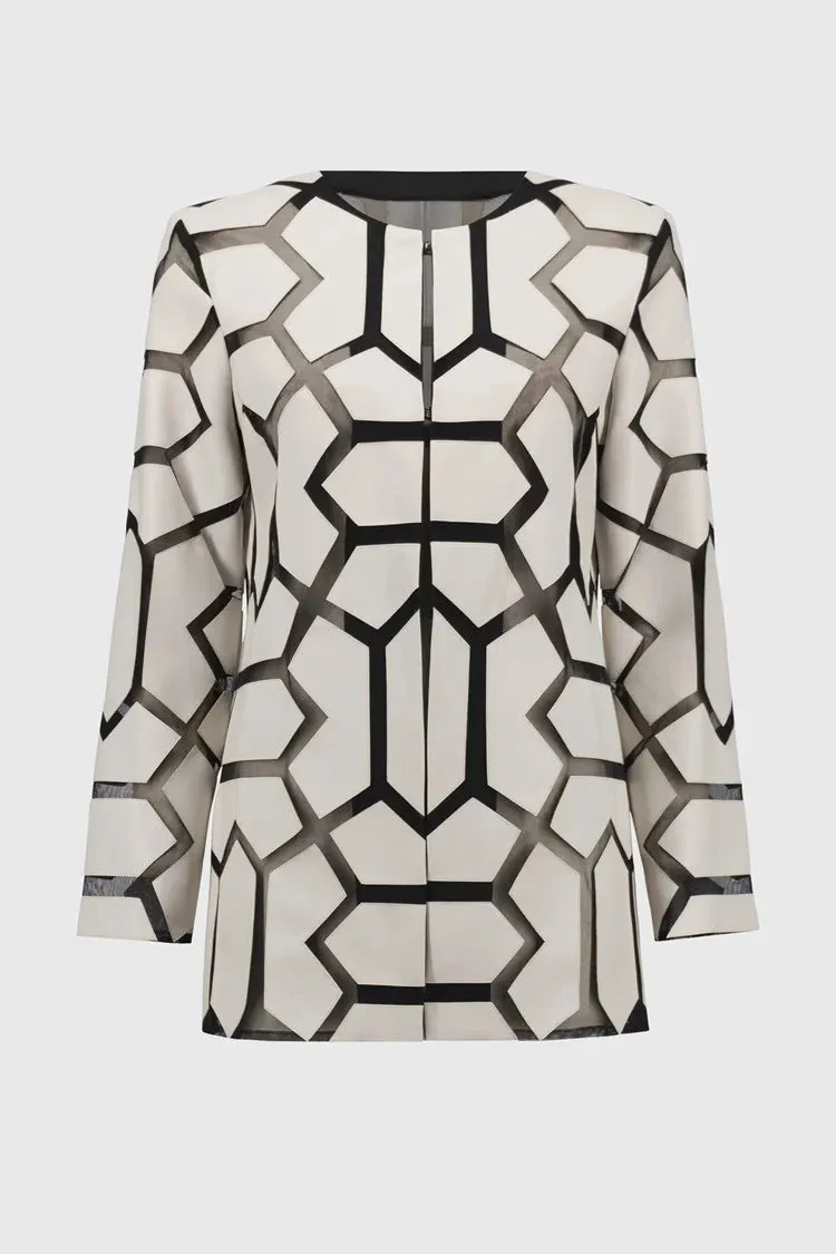 Joseph Ribkoff Moonstone/Black Laser-Cut Leatherette on Mesh Jacket