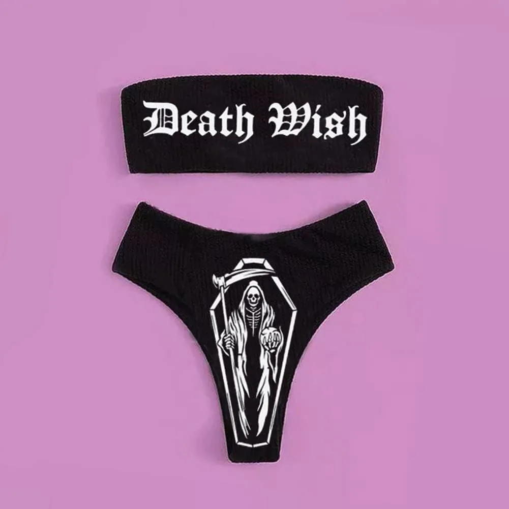 JUMISEE Women Skull Letter Pattern Goth Bikini Set 2 Piece High Waist Bandeau Swimsuit