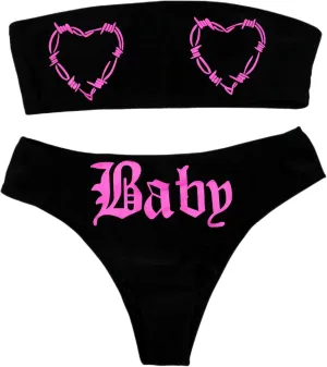 JUMISEE Women Skull Letter Pattern Goth Bikini Set 2 Piece High Waist Bandeau Swimsuit