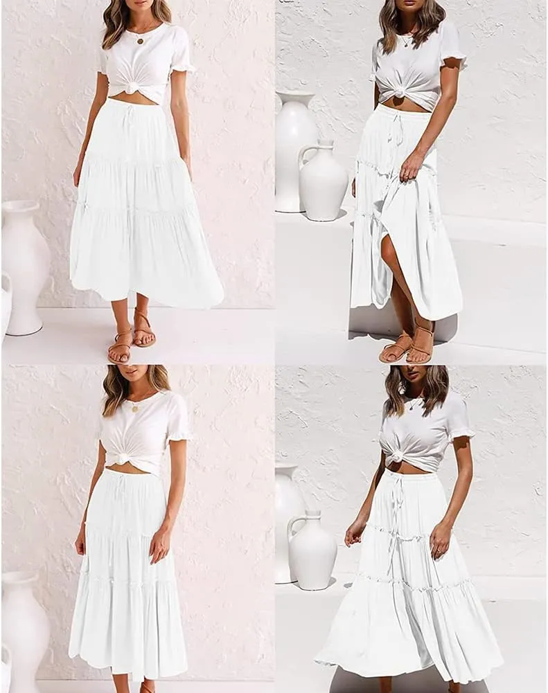 KEOMUD Women's Summer Elastic High Waisted Maxi Skirt Casual A Line Ruffle Swing Beach Long Skirts