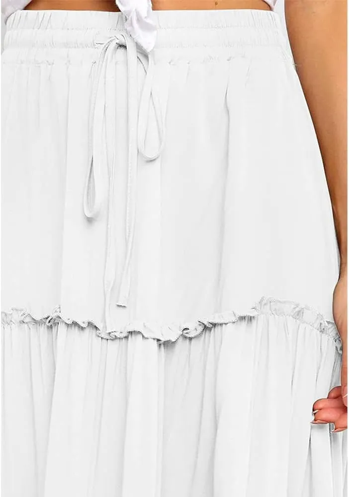 KEOMUD Women's Summer Elastic High Waisted Maxi Skirt Casual A Line Ruffle Swing Beach Long Skirts