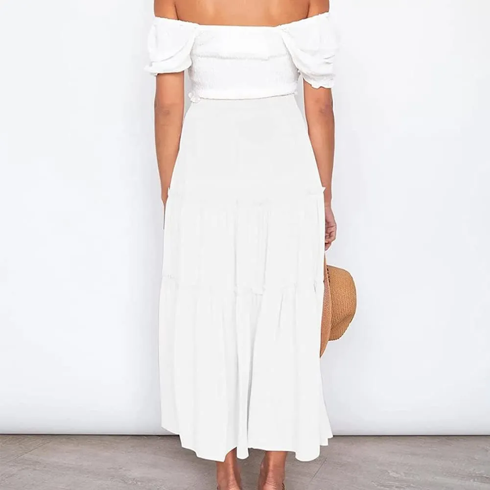 KEOMUD Women's Summer Elastic High Waisted Maxi Skirt Casual A Line Ruffle Swing Beach Long Skirts