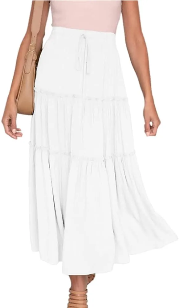 KEOMUD Women's Summer Elastic High Waisted Maxi Skirt Casual A Line Ruffle Swing Beach Long Skirts