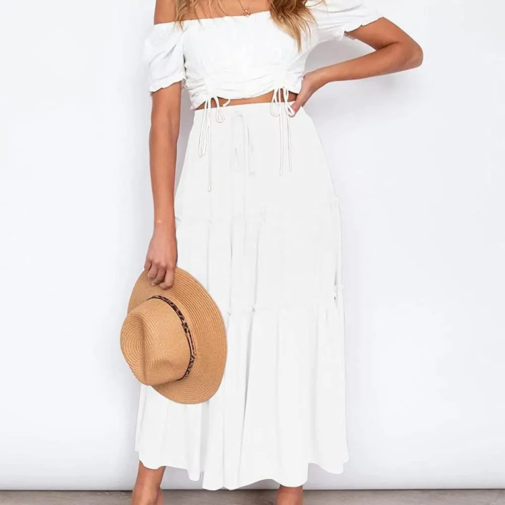KEOMUD Women's Summer Elastic High Waisted Maxi Skirt Casual A Line Ruffle Swing Beach Long Skirts