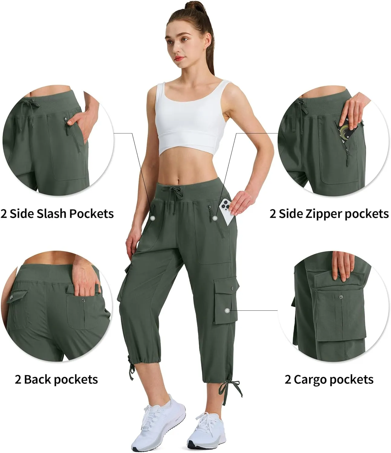Ksmien Women's Hiking Capris Quick Dry Lightweight Ladies Summer Cargo Pants 8 Pockets for Travel Camping