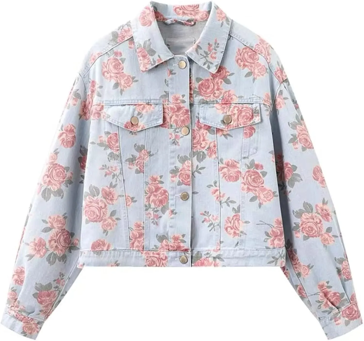 Ladies Floral Denim Jacket Short Denim Jacket Rose Print,L