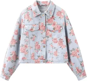 Ladies Floral Denim Jacket Short Denim Jacket Rose Print,L