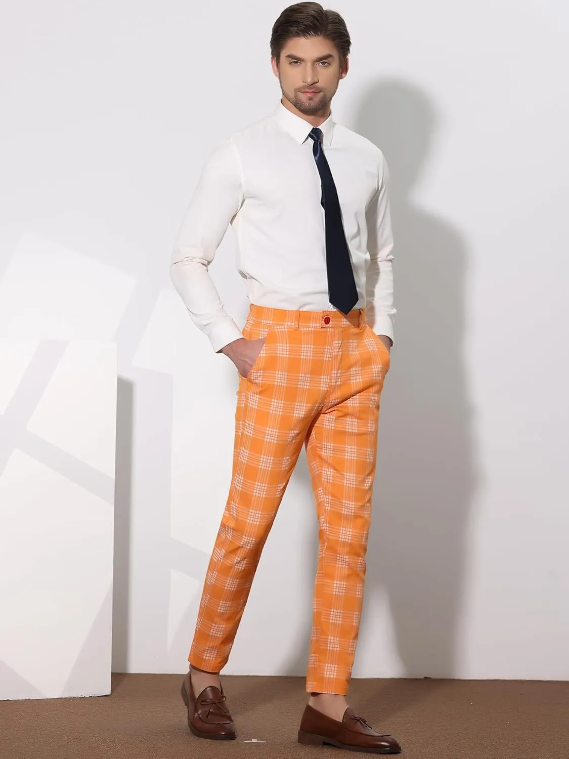 Lars Amadeus Men's Plaid Dress Pants Casual Slim Fit Flat Front Skinny Business Checked Plaid Pants