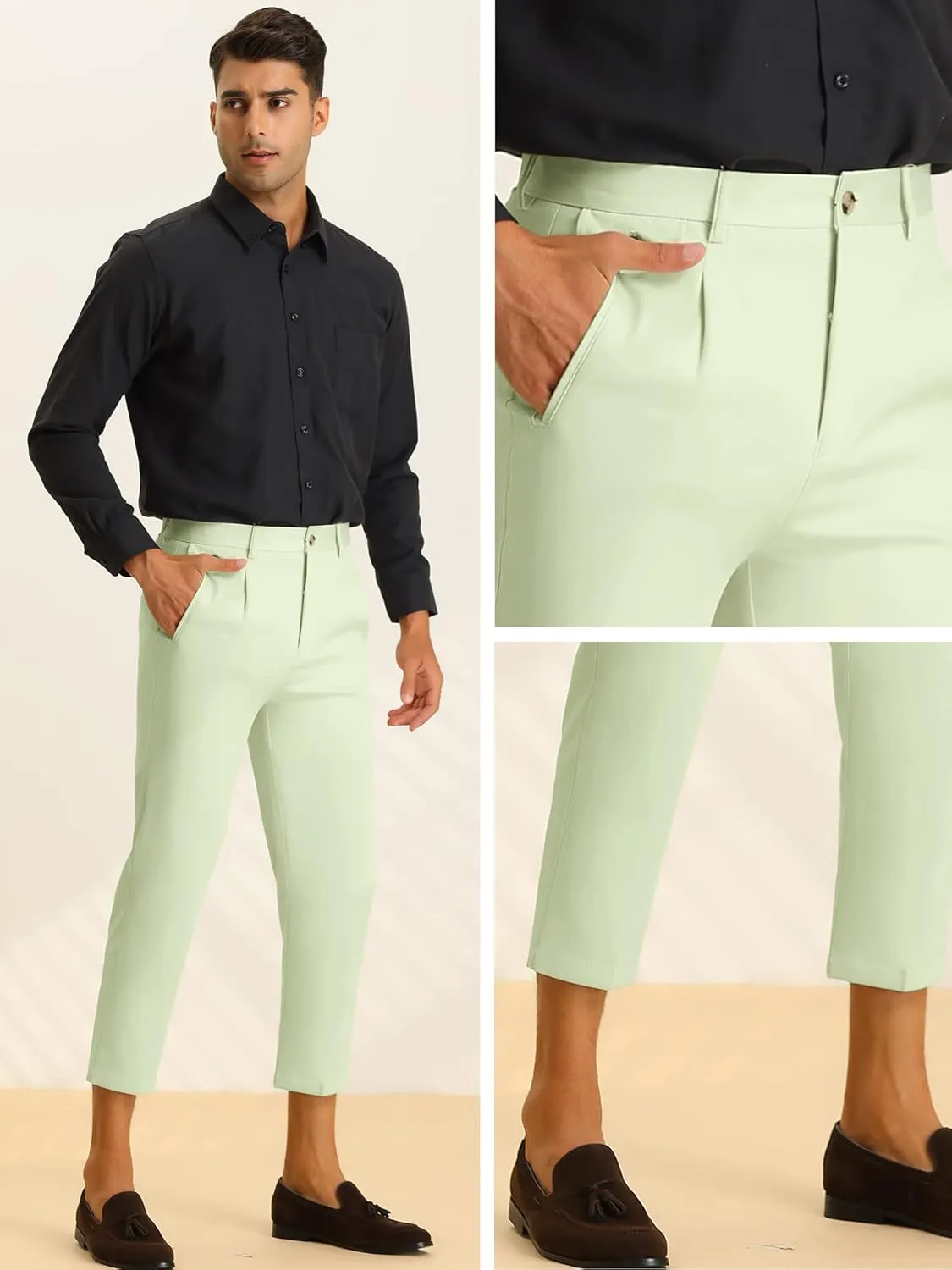 Lars Amadeus Solid Cropped Pants for Men's Slim Fit Pleated Front Ankle Length Tapered Dress Pants