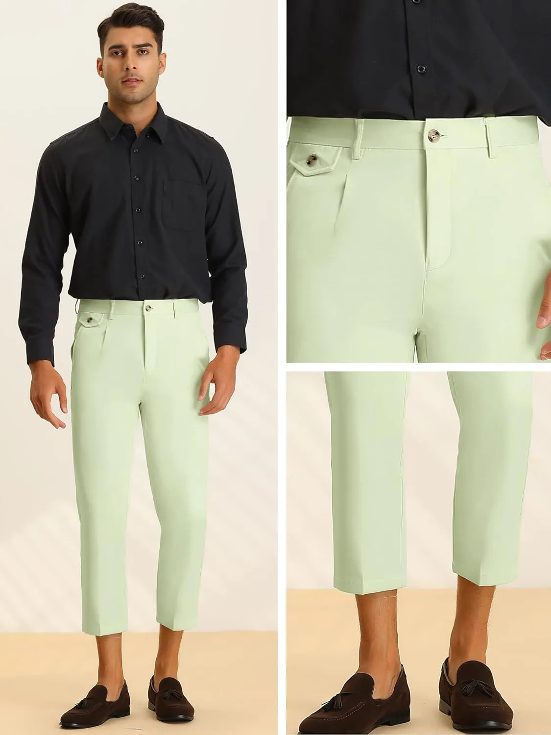 Lars Amadeus Solid Cropped Pants for Men's Slim Fit Pleated Front Ankle Length Tapered Dress Pants