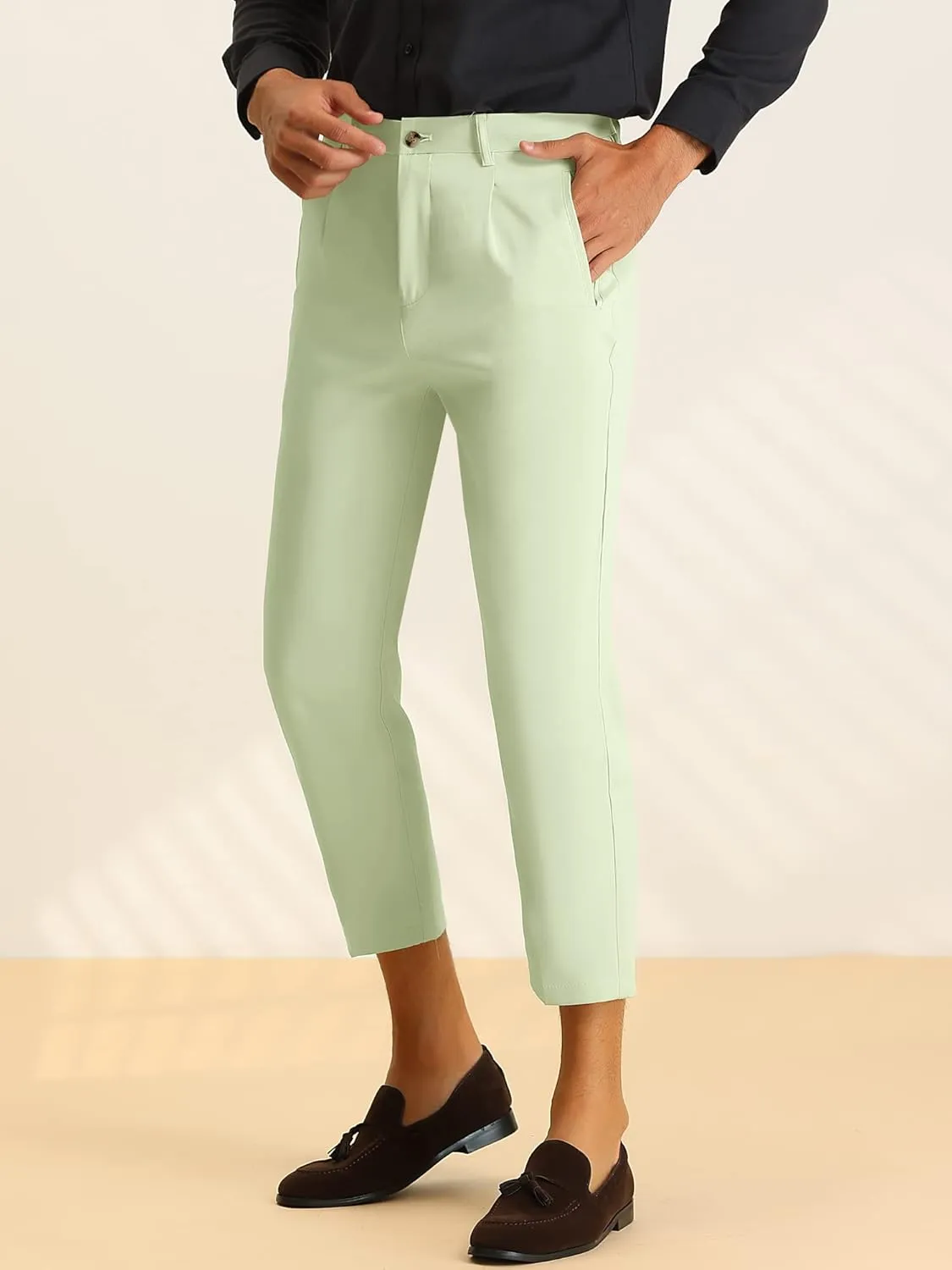 Lars Amadeus Solid Cropped Pants for Men's Slim Fit Pleated Front Ankle Length Tapered Dress Pants