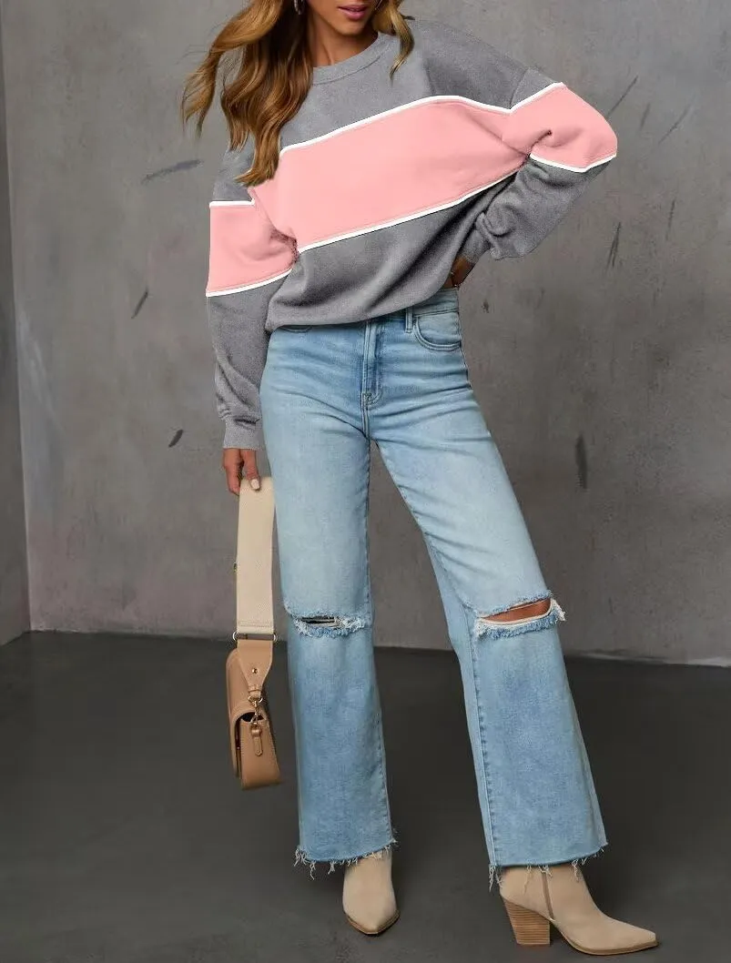 LEEDYA Womens Long Sleeve Sweatshirts Oversized Crewneck Color Block Pullover Top Casual Lightweight Blouse Tops