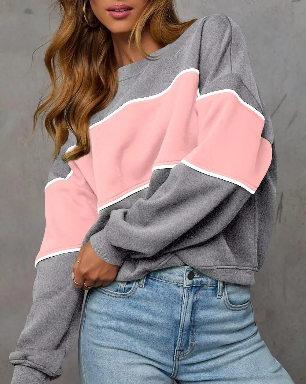 LEEDYA Womens Long Sleeve Sweatshirts Oversized Crewneck Color Block Pullover Top Casual Lightweight Blouse Tops