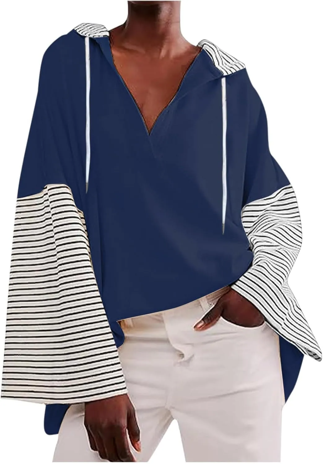 Lightweight Hoodie Sweatshirts For Women 2024 Casual Long Sleeve v Neck Pullover Tops Color Block Oversized Sweatshirt
