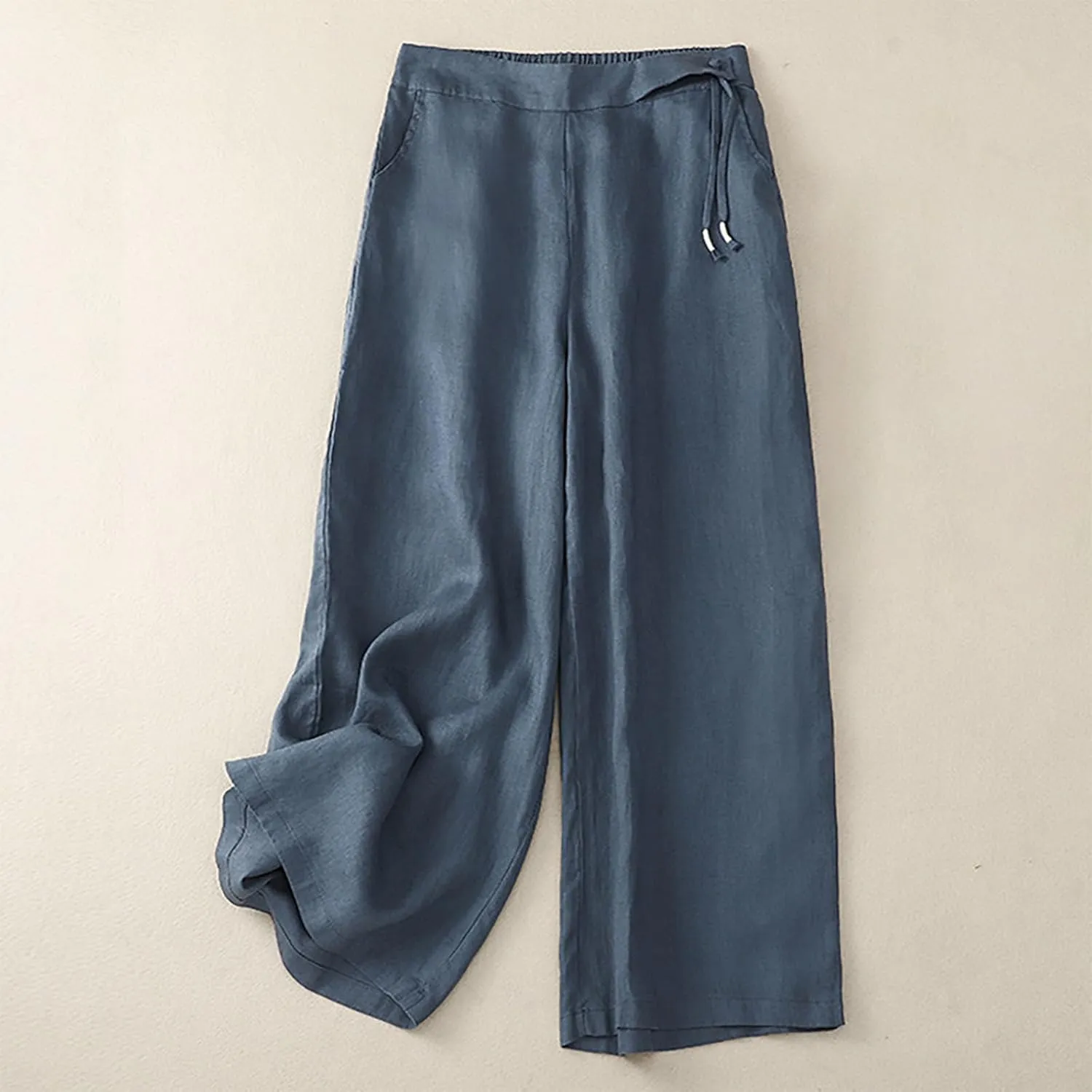 Linen Pants for Women Trendy Elastic Waist Cropped Palazzo Pants Laides Casual Summer Beach Flowy Wide Leg Trousers