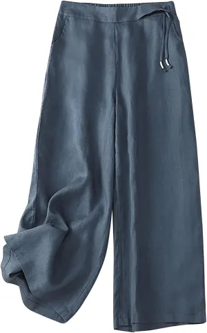 Linen Pants for Women Trendy Elastic Waist Cropped Palazzo Pants Laides Casual Summer Beach Flowy Wide Leg Trousers