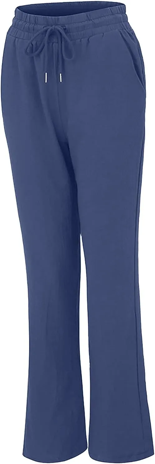 Linen Pants Women Casual Straight Leg Drawstring Elastic High Waist Pants Loose Palazzo Trousers with Pockets